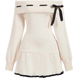 Shein Apricot And Black Jacquard Bow Tie OffTheShoulder Long Sleeve Sweater DressHomecoming DressElegant Women DressesAirport Women OutfitsHalloween Outfits