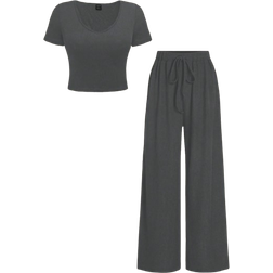 Shein pcs Solid VNeck Short Sleeve TShirt And Knot Detail Wide Leg Pants Set