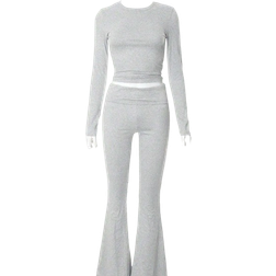 Shein pcs Women Casual Solid Color Fitted Top And Flared Pants Set SpringAutumn