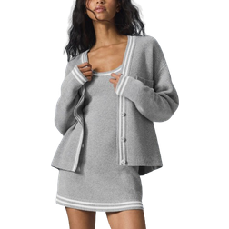 Alo Tennis Club Sweater Knit Cardigan Top - Athletic Heather Grey/White