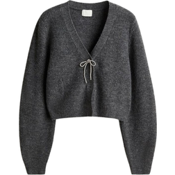 H&M Ribbestrikket Cardigan Med Sløyfe - Grå