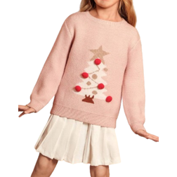 Shein Young Girls Casual Christmas Tree Pattern Knitted Sweater With Pompom Decor Long Sleeve Crew Neck Pullover Soft Material Suitable For Daily Outdoor Tr