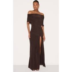 PrettyLittleThing Double Layer Slinky Bardot One Shoulder Ruched Maxi Dress - Chocolate Brown