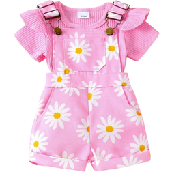 Shein pcsSet Baby Girls Cute Short Sleeve Romper Suspender Pants Set Summer