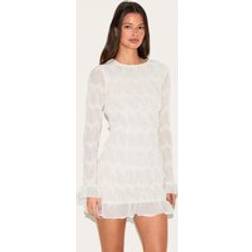 PrettyLittleThing Textured Long Sleeve Boat Neck Mini Dress - Almond
