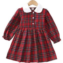 Shein Girls Long Sleeve Doll Collar Contrast Buttoned Shirt Dress Casual Plaid Skirt Winter Daily Wear