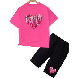 Shein Tween Girl Casual Summer Heart Print TShirt And Tight Shorts Piece Set