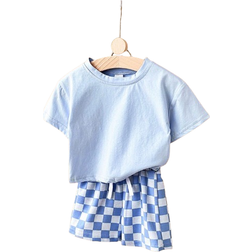 Shein Baby Boy pcsSet Casual Solid Color Short Sleeve TShirt With Plaid Patterned Shorts Summer