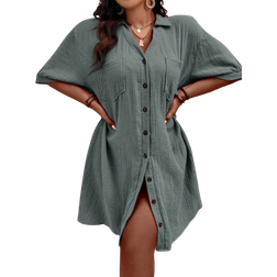 Shein Plus Size Woven Button-Down Dropped Dress - Solid Color