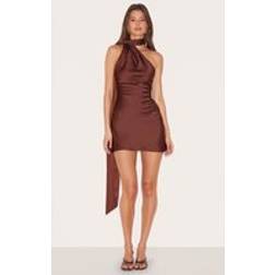 PrettyLittleThing Satin Scarf Detail Bodycon Dress - Chocolate