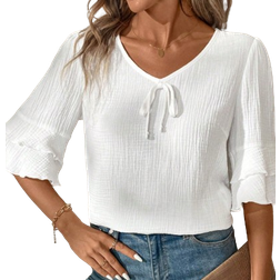 Shein Kurzarm V-Ausschnitt Lässig Baumwolle Bluse mit gerüschtem Saum für Frauen