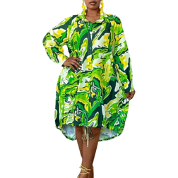 Shein Plus Holiday Casual Allover Print Drawstring Waist Front Button Dress