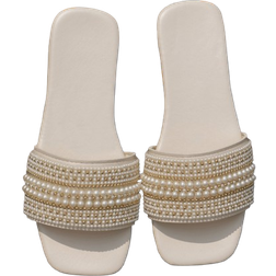 Shein Women's Fashionable Faux Pearl Decorated Square Toe Flat Sandals For Summer