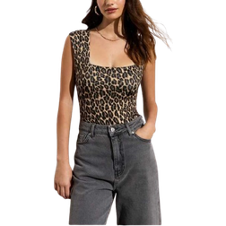New Look Tætsiddende bodystocking med firkantet hals og leopardprint-Brun