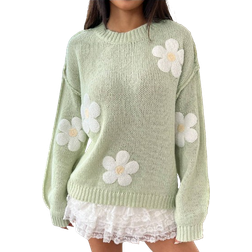 Shein Women Winter Floral Dropped Shoulder Long Sleeve Casual Sweater Fall Outfits