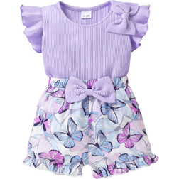 Shein Young Girl pcs Elegant Sweet And Cute Top With Bowknot Detail And Ruffled Hem And Bow Detail Printed Shorts Suitable For Summer Casual Vacation And Pa