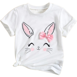 Shein Young Girl White Cute Cartoon Rabbit Printed T-shirt For Summer With Round Neck And Short Sleeves