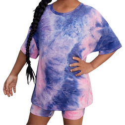 Shein Young Girls' Casual Tie Dye Drop Shoulder T-Shirt And Shorts Set