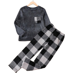 Shein Boys' Color Block Checked Plush Long Sleeve Top And Pants Pajama Set With Pockets For Autumn And Winter