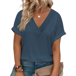 Shein Plus Casual VNeck Rolled Sleeve Plain TShirt Summer