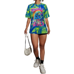 Shein Womens Summer Casual Alien Letter Print TieDye Round Neck Short Sleeve TShirt Graphic Tee