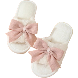 Shein Women Bow & Fuzzy Decor Single Band Home Slippers, Fashionable Indoor Fabric Bedroom Slippers