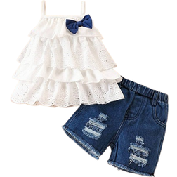Shein pcsSet Baby Girls Sleeveless Ruffled Top Denim Shorts Summer Outfit