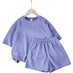 Shein Tween Girl Solid Color Knitted Short Sleeve Round Neck Top And Loose Shorts Casual TwoPiece Outfit