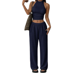 Shein Navy Blue Knitted pcsSet Casual Women Tracksuit