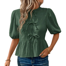 Shein Womens Summer Bow Tie Front Ruffle Hem Puff Sleeve Cute Peter Pan Collar Blouse