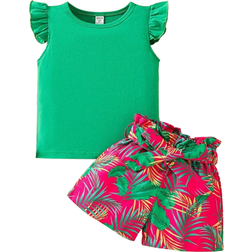 Shein Young Girl Summer Vacation Solid Color Short Sleeve Top And Tropical Print Shorts Outfit
