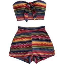 Shein pcsSet Tie Front Bandeau Top And High Waist Shorts Casual Daily Wear