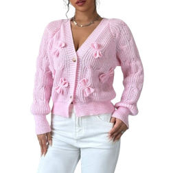 Shein Seasty Womens Solid Color Bow Decor Raglan Sleeve Casual Cardigan Autumn Winter