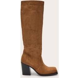 PrettyLittleThing Tan Faux Suede Square Toe High Block Heel Knee High Boots - Brown