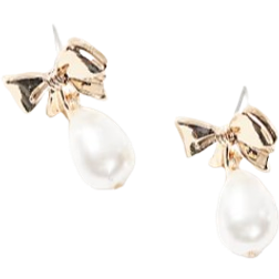 ASOS Mini Bow Faux Pearl Drop Earrings - Gold Tone