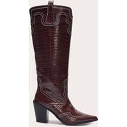 PrettyLittleThing Croc Pu Point Toe Western Stitch Knee High Block Heeled Boots - Red