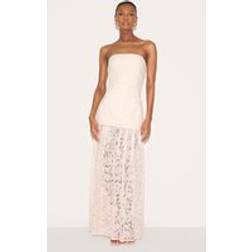 PrettyLittleThing Cream Lace Sheer Skirt Panel Bandeau Midaxi Dress - White