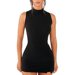 PrettyLittleThing Petite Black Soft Touch High Neck Sleeveless Skort Playsuit, Black