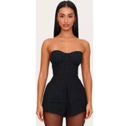 PrettyLittleThing Petite Black Pinstripe Woven Bandeau Playsuit - Black