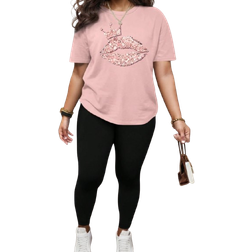 Shein Plus Size Lip Print T-Shirt And Pants - Summer