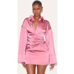 PrettyLittleThing Premium Satin Bell Sleeve Shirt Dress - Blush Rose