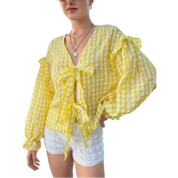 Shein Womens Autumn Casual Plaid LaceUp Blouse