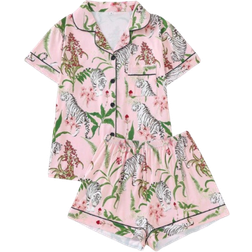 Shein Frauen Pyjama Set mit Blume und Tiger Muster, bequemes Kurzarm Hemd mit Knöpfen und lockere elastische Shorts, Lässig All-Saison Outdoor/Indoor Damen