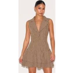 PrettyLittleThing Petite Striped Button Up Frill Dress - Taupe