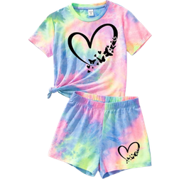 Shein Tween Girls Casual Heart Pattern Short Sleeve Top And Shorts Set For Summer