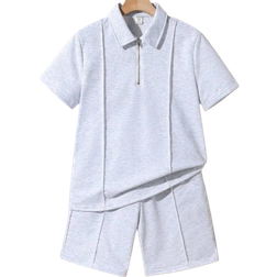 Shein Tween Boys Loose Fit Casual Knitted Solid Color Short Sleeve Polo Shirt And Shorts pcsSet