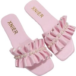 Shein Women FauxÂ Pearl Decor Ruched Design Single Band Flat Sandals, Fashion Open Toe Slide Sandals For Summer