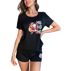 Shein Santa Claus Print Top and Drawstring Shorts Set - Women
