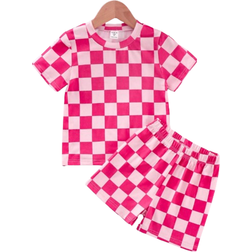 Shein pcsSet Young Girls Cute And Fashionable Checkerboard Pattern Short Sleeve Top And Shorts For Summer