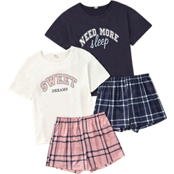 Shein Teen Girls' Simple Plaid Shorts And Round Neck Short Sleeve T-Shirt Two Piece Home Wear Set